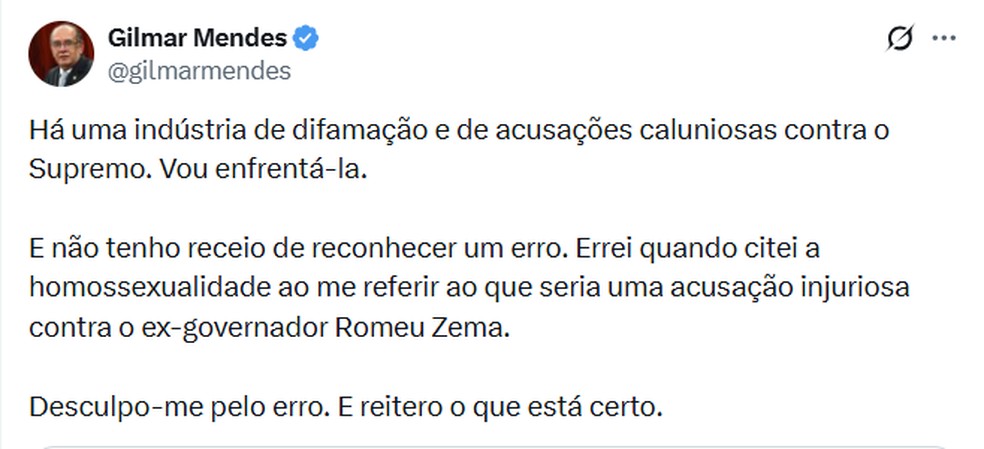 Post de Gilmar Mendes &mdash; Foto: Reprodu&ccedil;&atilde;o/X