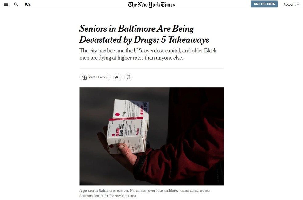 Reportagem do New York Times sobre a escalada da crise do fentanil no leste de Baltimore e seu impacto desproporcional em homens negros mais velhos venceram prêmio Pulitzer — Foto: Reprodução