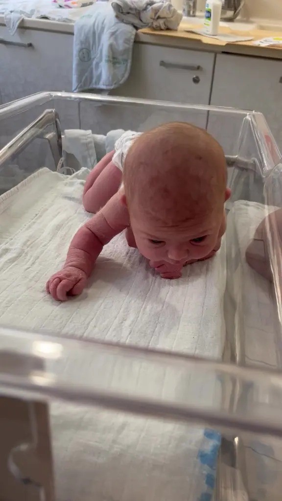 Bebê com apenas três dias de vida levanta a cabeça e engatinha nos EUA — Foto: Reprodução