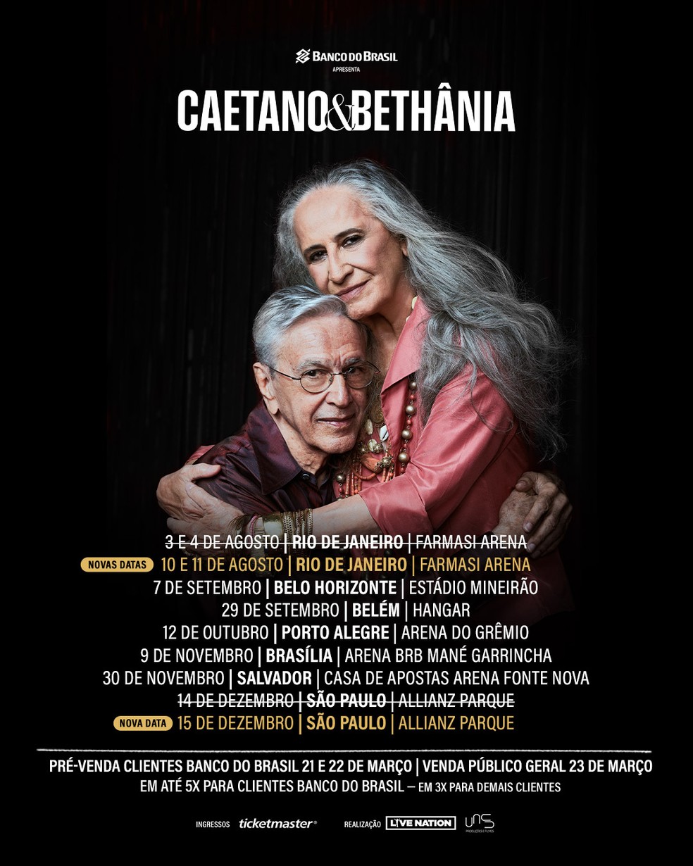 Turnê de Caetano Veloso e Maria Bethânia: ingressos são vendidos pela Ticketmaster — Foto: Divulgação