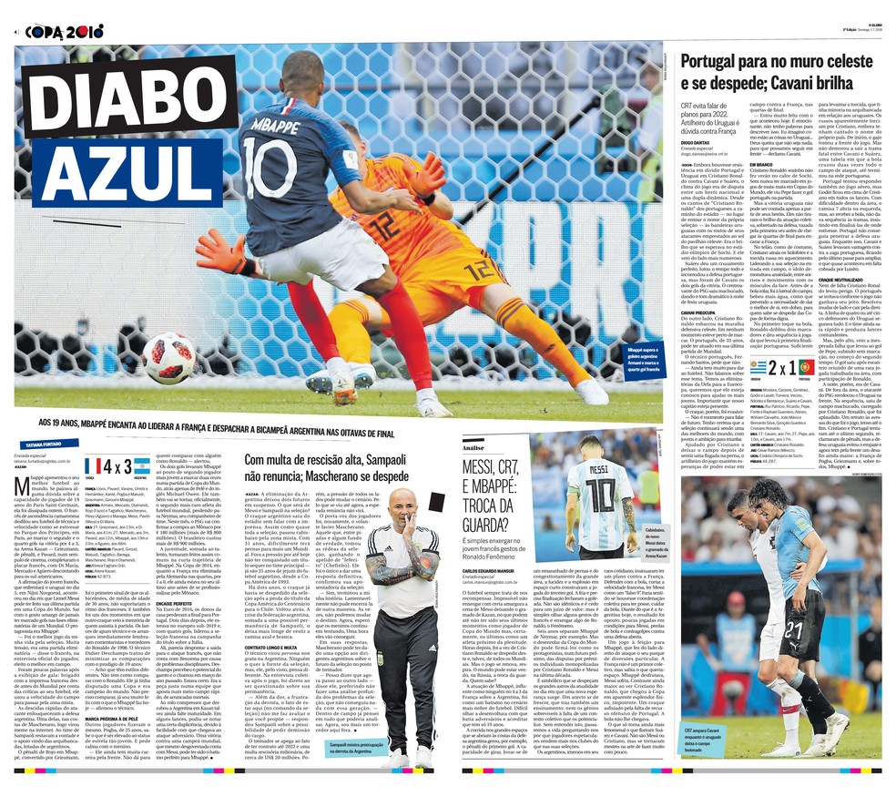 Página destaca eliminação da Argentina para a França na Copa do Mundo de 2018 — Foto: Acervo / Jornal O Globo