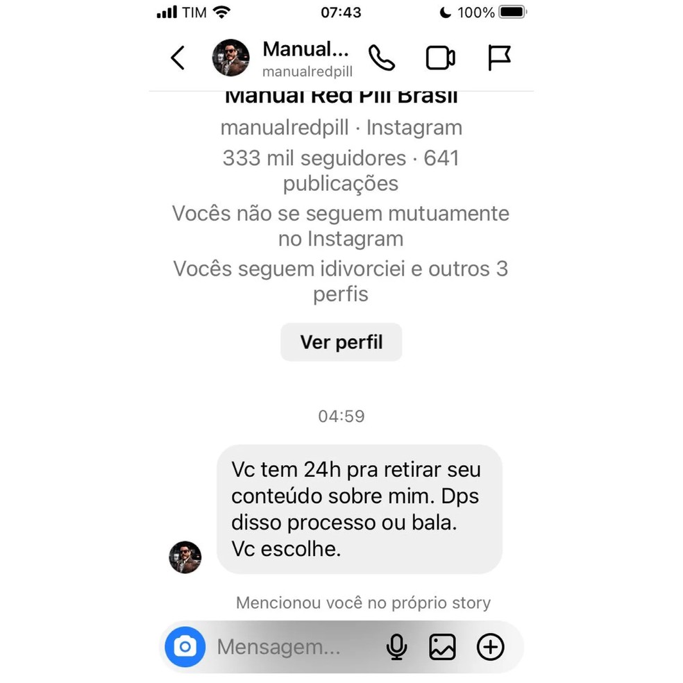 Print da mensagem que Thiago Schutz enviou para a atriz e humorista Livia La Gatto — Foto: Reprodução