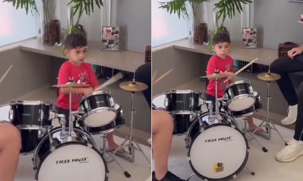 Filho de Marília Mendonça e Murilo Huff, o pequeno Léo, de 5 anos, toca bateria — Foto: Reprodução/Instagram