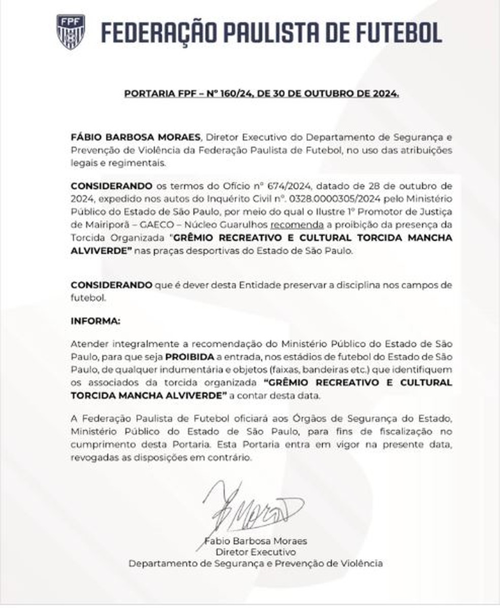 O documento com a proibição da Mancha Alviverde dos estádios de São Paulo — Foto: Reprodução