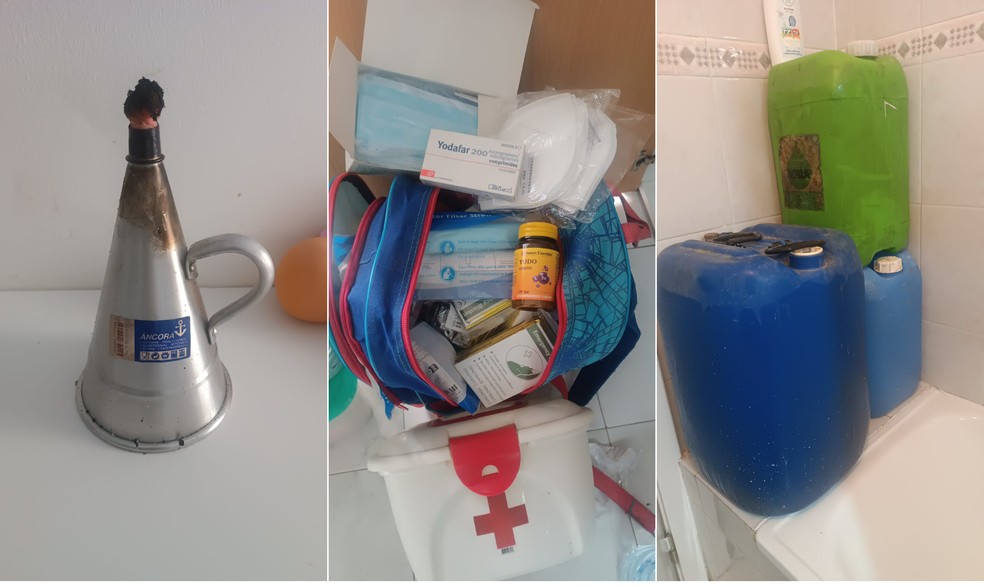 Lamparina, 'bolsa de guerra' e galões de água de Juliet — Foto: Arquivo pessoal