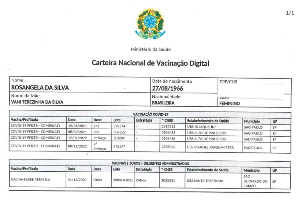 O cartão de vacinação da primeira-dama Rosângela da Silva, a Janja — Foto: Reprodução