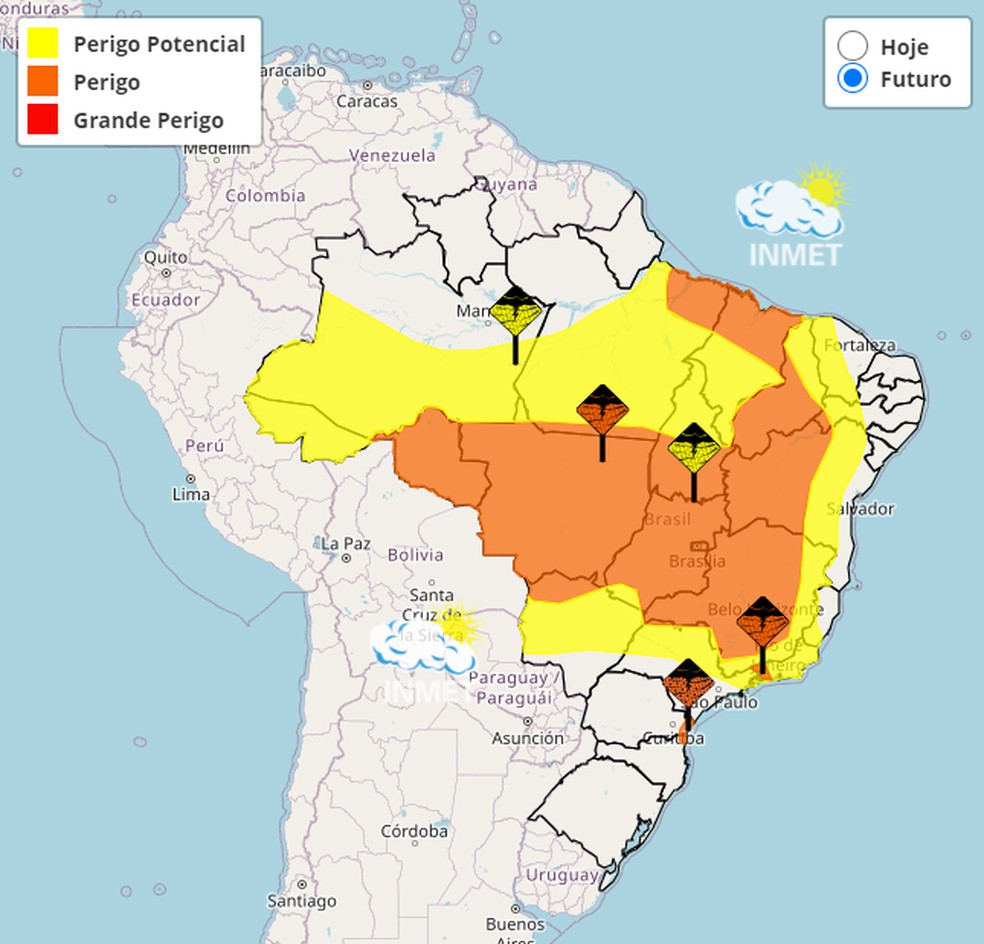 Inmet emitiu alerta laranja para 18 dos 27 estados brasileiros — Foto: Inmet