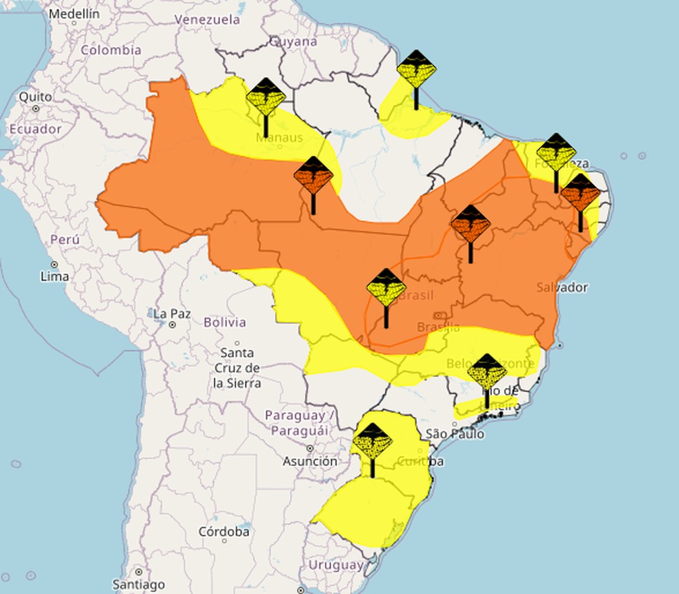 Todos os estados ser&atilde;o afetados por alertas do Inmet; perigo potencial em amarelo e perigo em laranja &mdash; Foto: Reprodu&ccedil;&atilde;o/Inmet