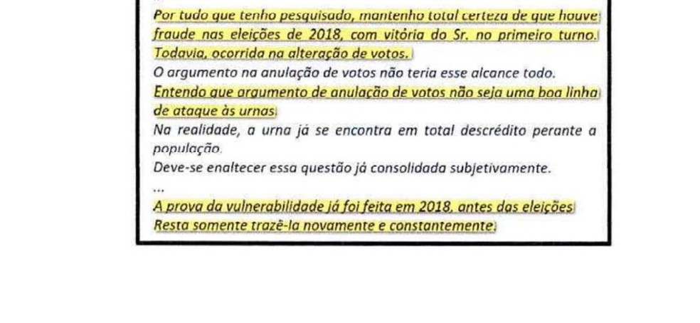 Texto encontrado no e-mail de Alexandre Ramagem com conselho sobre ataque s urnas — Foto: Reproduo