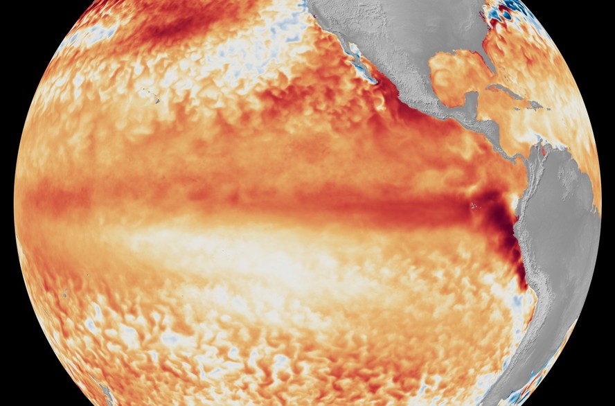 Mapa feito com dados de satélites mostra faixa equatorial do Pacífico superaquecida no El Niño de 2026