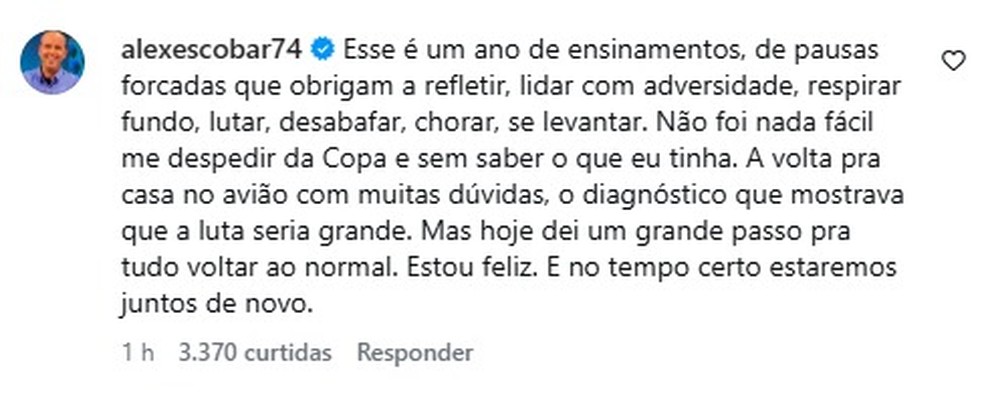 Alex Escobar comenta sobre estado de saúde após passar mal durante cobertura na Copa do Mundo — Foto: Reprodução | Instagram