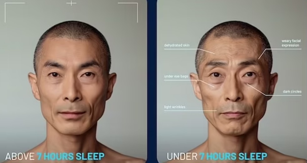 Simulação com Inteligência Artificial mostra impacto de uma noite de menos de 7 horas de sono — Foto: Reprodução