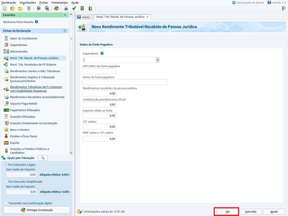 Ao inserir os dados do dependente, clique em OK para registrar — Foto: Reprodução