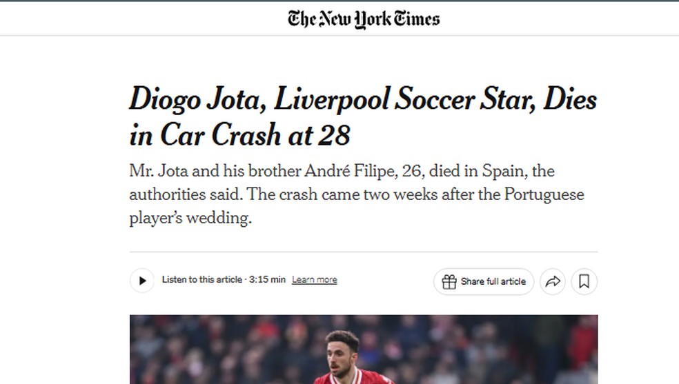 NYT descreve Diogo Jota como estrela — Foto: Reprodução