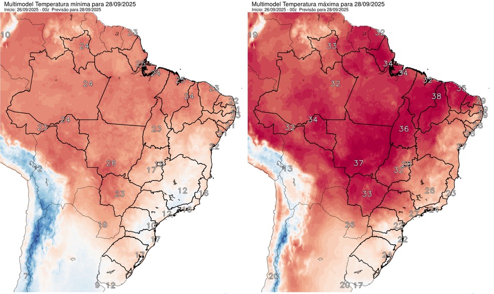 Previsão da temperatura mínima (esquerda) e máxima (direita) para o domingo (28) — Foto: Reprodução / Inpe
