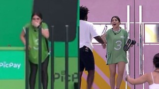 Jade Picon fez xixi durante uma prova do líder do "BBB" 22. Ela foi eliminada e voltou da prova sem calça — Foto: Reprodução/Globo