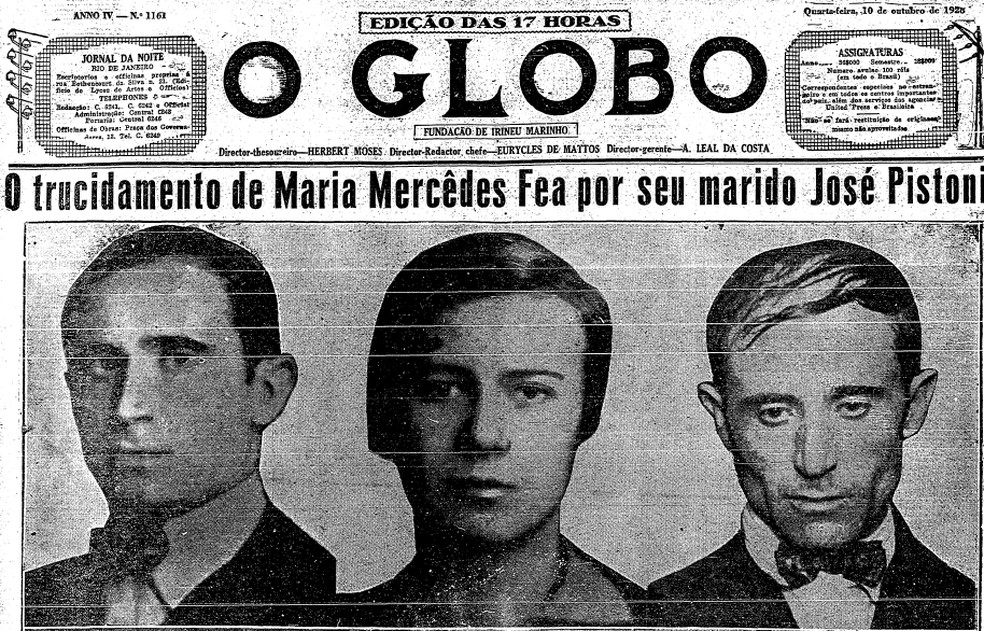 GLOBO edition which reported the murder of Maria Fea by José Pistoni, in 1928 — Photo: Reproduction