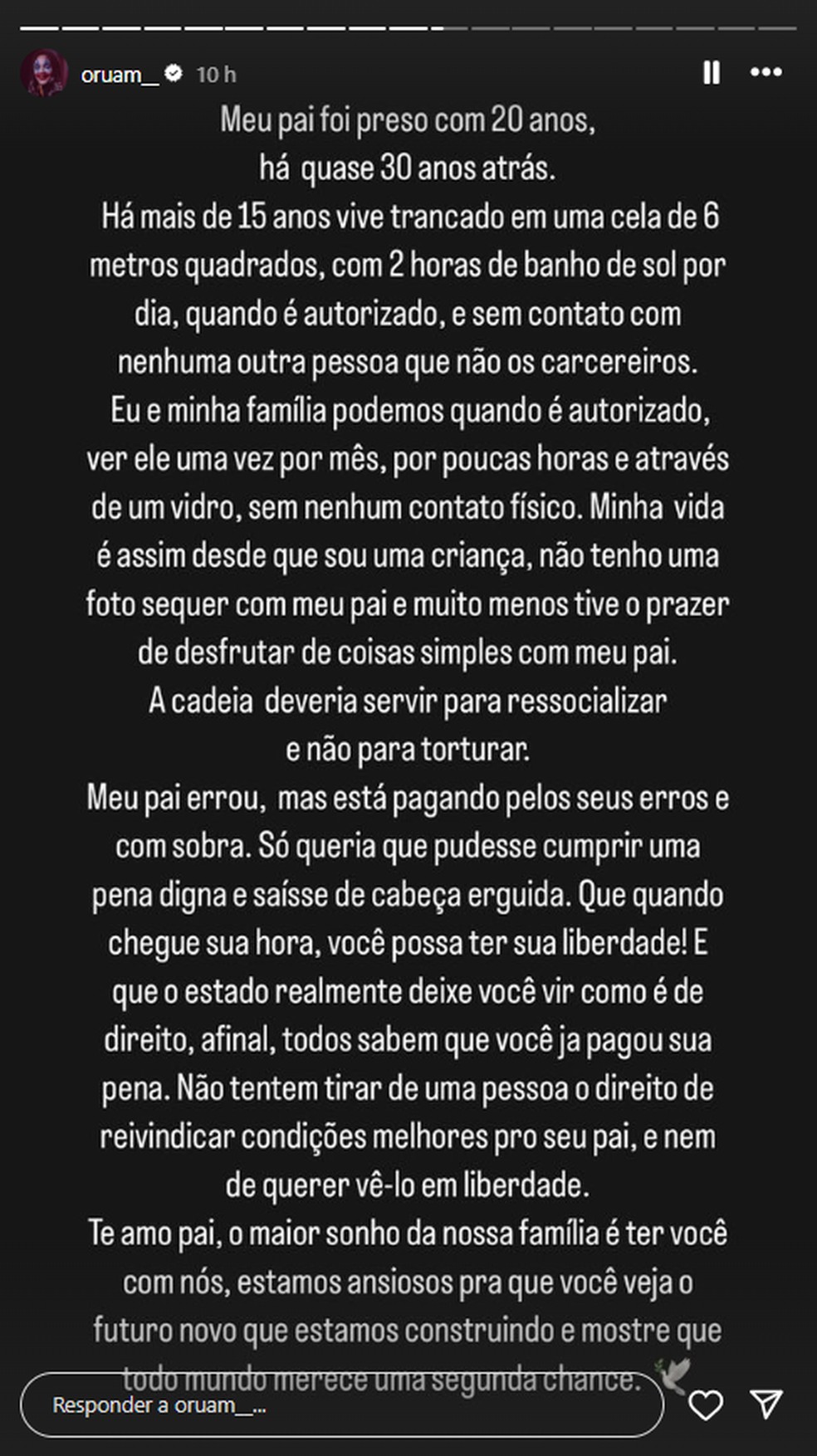 Oruam fez desabafo após repercussão sobre a foto do pai — Foto: Reprodução