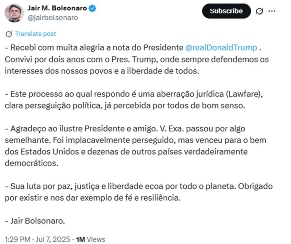 Publicação feita pelo ex-presidente Jair Bolsonaro citada por Moraes — Foto: Reprodução