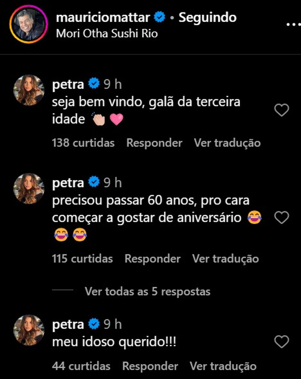 Petra Mattar comenta na publicação do pai, Maurício Mattar — Foto: Reprodução/Instagram