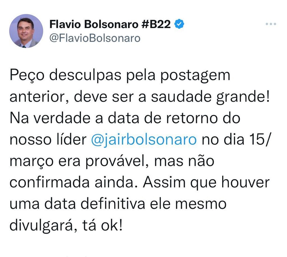Flavio Bolsonaro explica ter apagado post sobre retorno do pai ao Brasil — Foto: Reprodução
