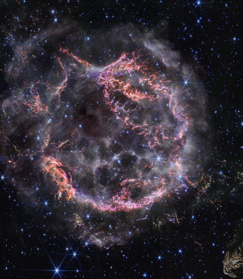 Nova imagem do James Webb mostra explosão que leva à morte de uma estrela — Foto: Divulgação/NASA, ESA, CSA, STScI, D. Milisavljevic (Purdue University), T. Temim (Princeton University), I. De Looze (University of Gent)