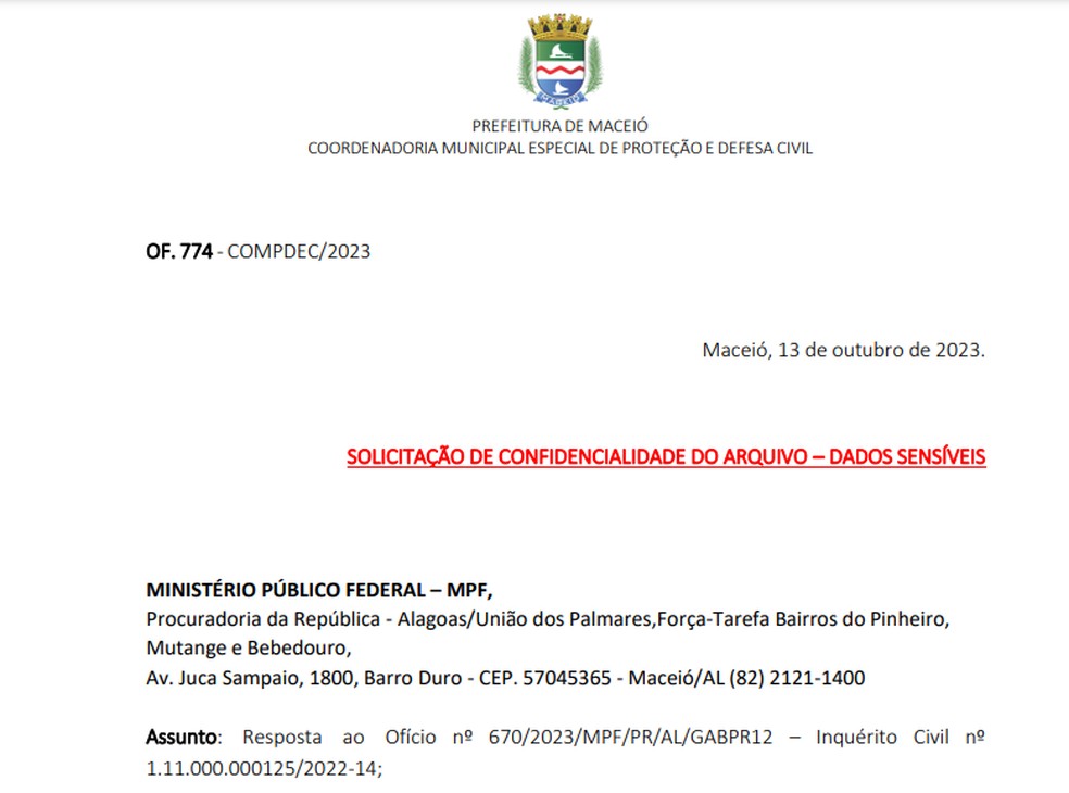 Ofício da Defesa Civil de Maceió encaminhado aos órgãos de controle com solicitação de sigilo — Foto: Reprodução