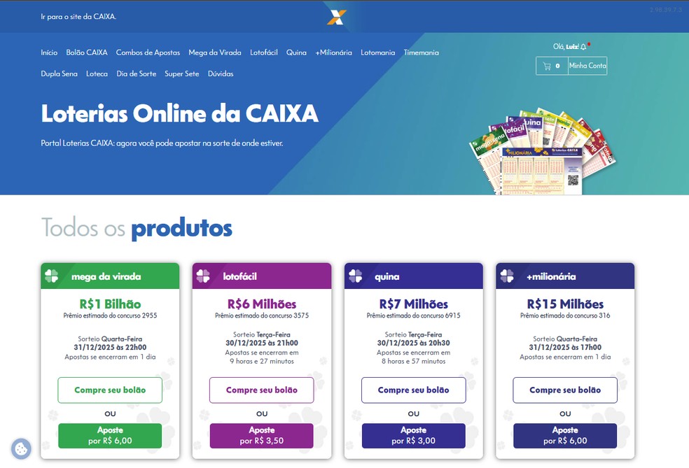 Página inicial do site das loterias online da Caixa — Foto: Reprodução: Caixa Econômica Federal