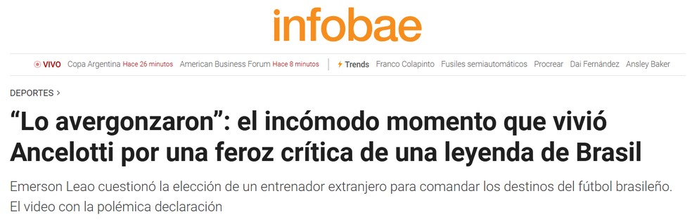 Infobae repercute falar de Emerson Leão para Ancelotti — Foto: Reprodução