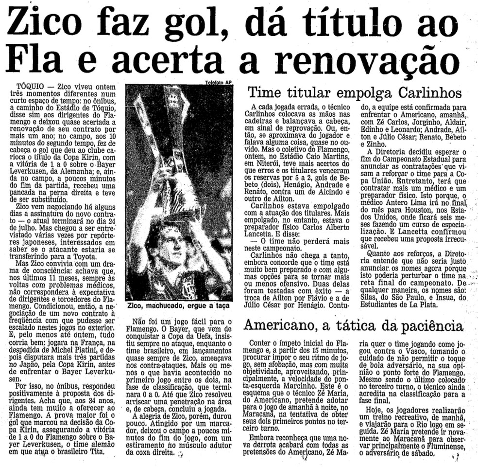 Em 1988, Flamengo vence Copa Kirin contra Bayer Leverkusen — Foto: Arquivo/O Globo