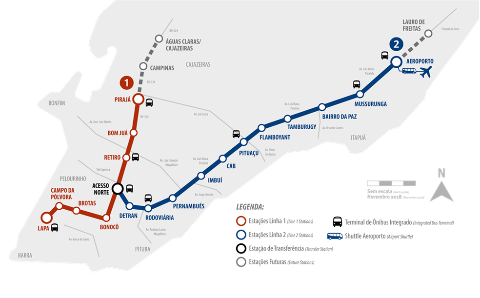 Mapa detalhando as estações das Linhas 1 e 2 do metrô baiano — Foto: Reprodução / CCR Metrô Bahia
