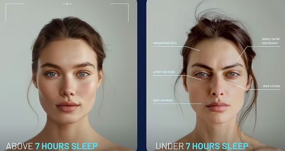 Simulações mostram o impacto da falta de sono no rosto — Foto: Reprodução