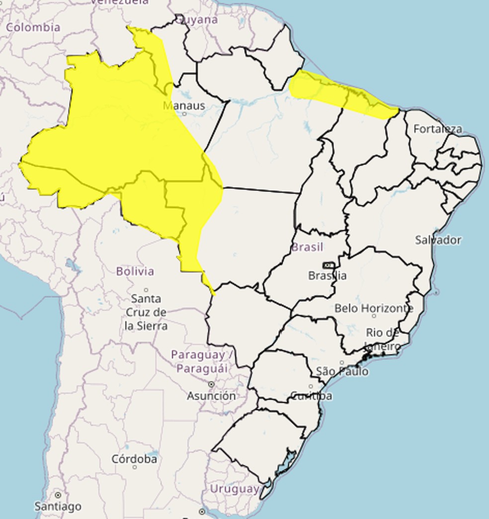 Norte do país está sob alerta de ocorrência de chuvas e ventos intensos, que podem chegar aos 60km/h — Foto: Reprodução