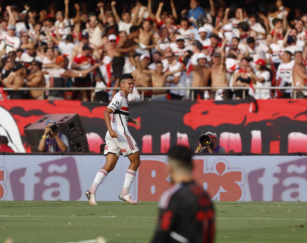 Nestor se emocionou com o gol marcado — Foto: Rubens Chiri/São Paulo FC