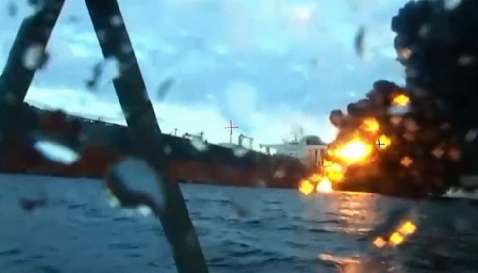 Images published by the Ukrainian Security Service show what they claim are naval drone attacks on oil tankers in the Black Sea - Photograph: Ukrainian Security Service/AFP