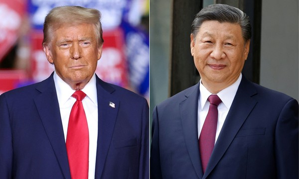 ,China reage aos EUA anunciando tarifas alfandegárias adicionais de 34% sobre os produtos americanos a partir de 10 de abril — Foto: CHARLY TRIBALLEAU e Ludovic MARIN / AFP