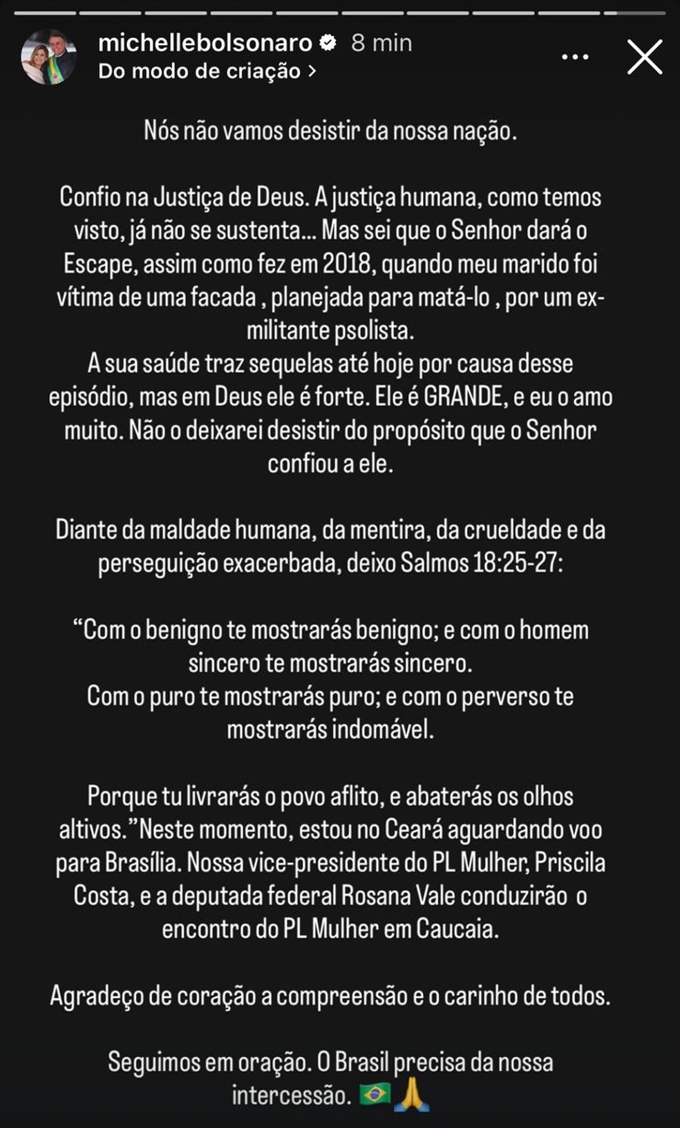 Michelle Bolsonaro publica mensagem nos stories e diz confiar na "Justiça de Deus" após prisão de Bolosnaro — Foto: Reprodução/Redes sociais