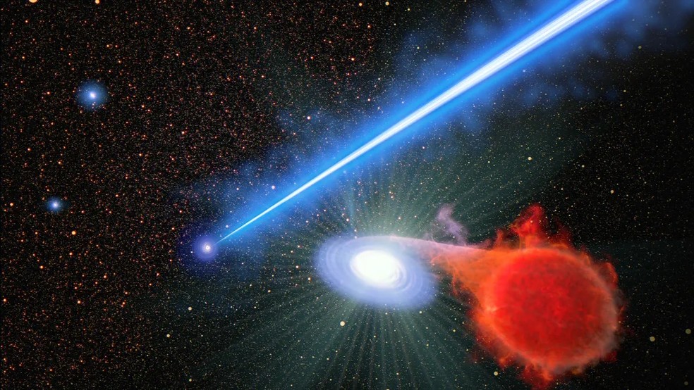 Este  um conceito artstico olhando para o ncleo da galxia elptica gigante M87  Foto: NASA, ESA, Joseph Olmsted (STScI)