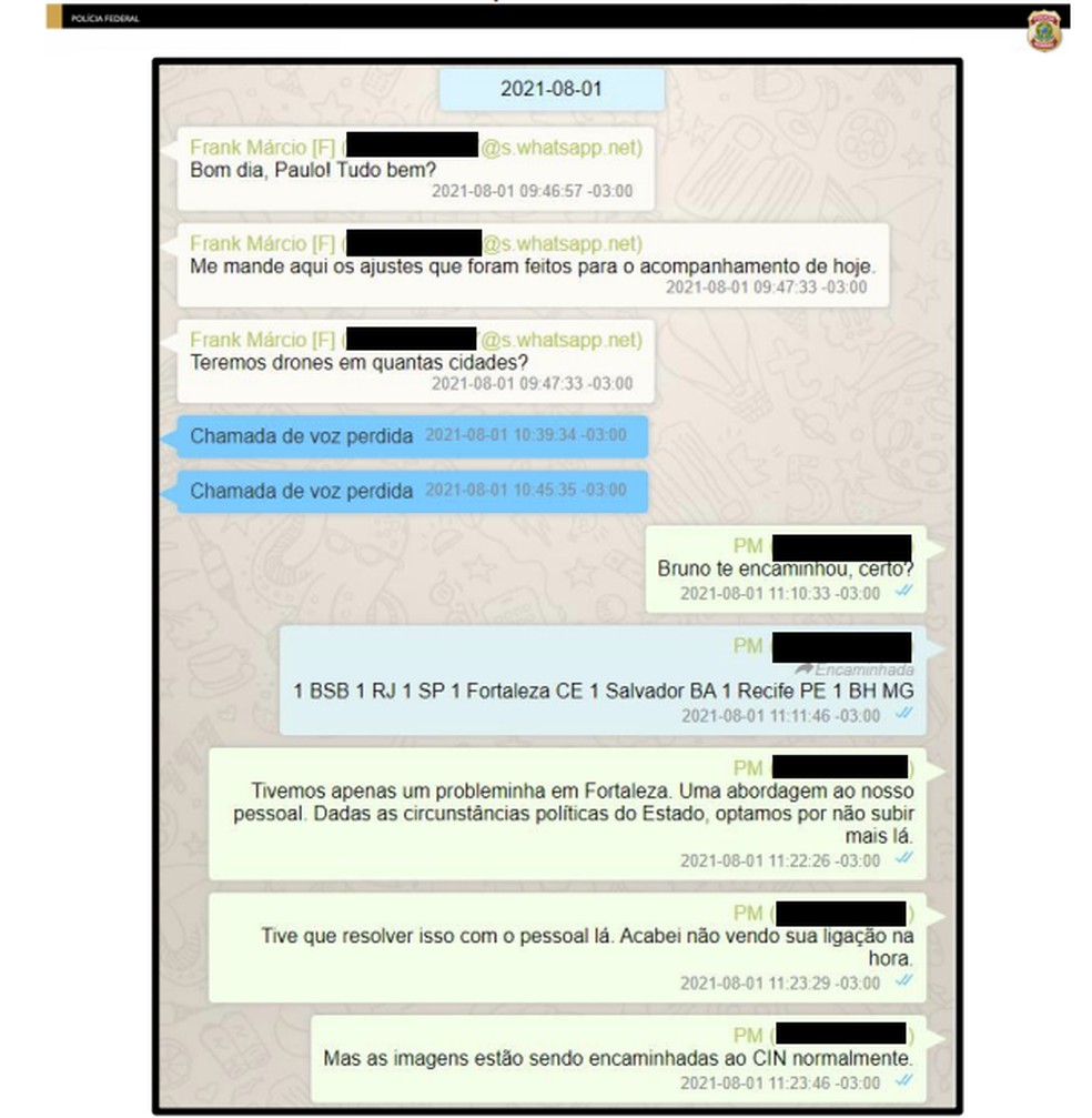 Print de mensagens do então diretor-geral da Abin, Frank Marcio de Oliveira, em que fala sobre o uso de drones pela agência — Foto: Reprodução