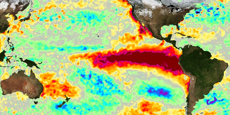 Mapa de anomalia de aquecimento no Oceano Pacífico que caracterizou o efeito El Niño de 1997/98, um dos mais fortes já registrados