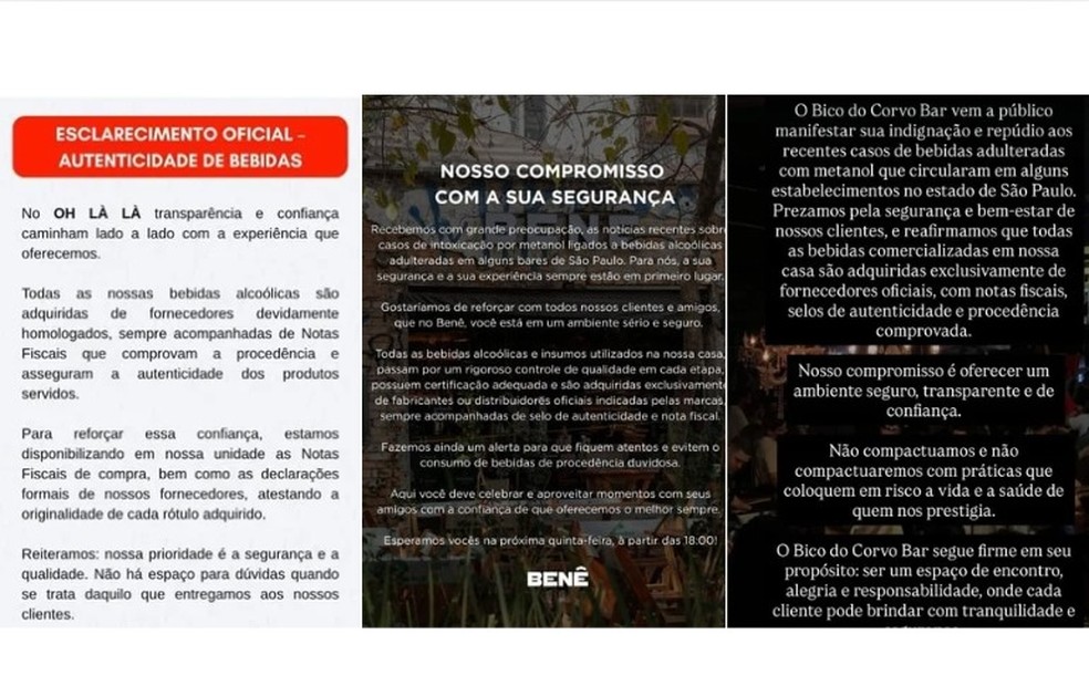 Bares grandes de SP se posicionam sobre intoxicação com metanol — Foto: Reprodução/Instagram