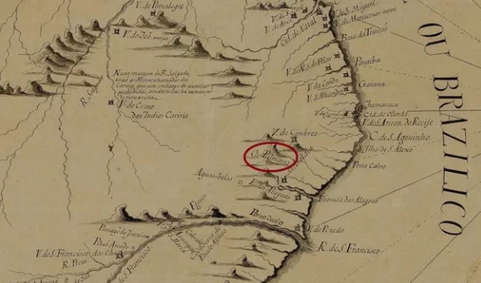 Carta topográfica mostra local do quilombo, na Capitania de Pernambuco — Foto: Reprodução/UFF