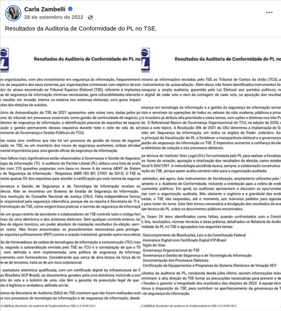 Postagem da deputada federal Carla Zambelli (PL-SP) citada na ação — Foto: Reprodução