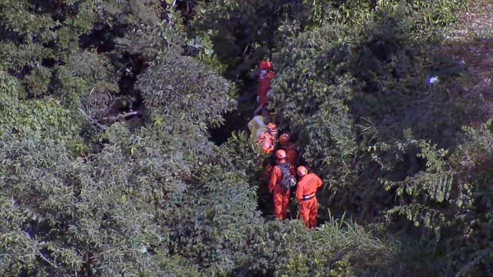 Equipes do bombeiros avançam pela mata onde helicóptero caiu perto da Vista Chinesa. Quatro pessoas norreram — Foto: TV GLOBO