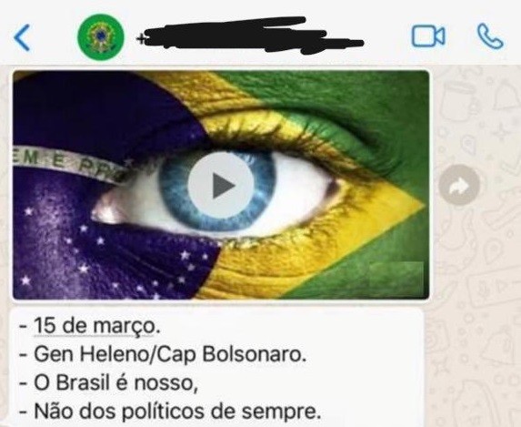 25/02/2020 - Envio de vídeos por WhatsApp convocando para manifestações contra o Congresso e o STF, com frases como "vamos mostrar que apoiamos Bolsonaro e rejeitamos os inimigos do Brasil" e "vamos resgatar o nosso poder" — Foto: Reprodução