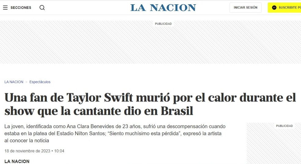 Na Argentina, o La Nacion destacou que uma fã morreu de calor no show — Foto: Reprodução