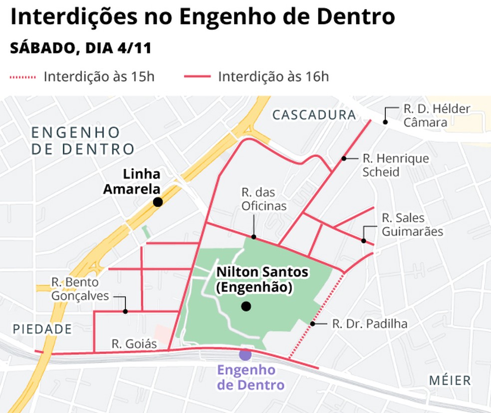 Entorno do Estádio Nilton Santos (Engenhão) com interdições para o show do Red Hot Chili Peppers — Foto: Editoria de Arte