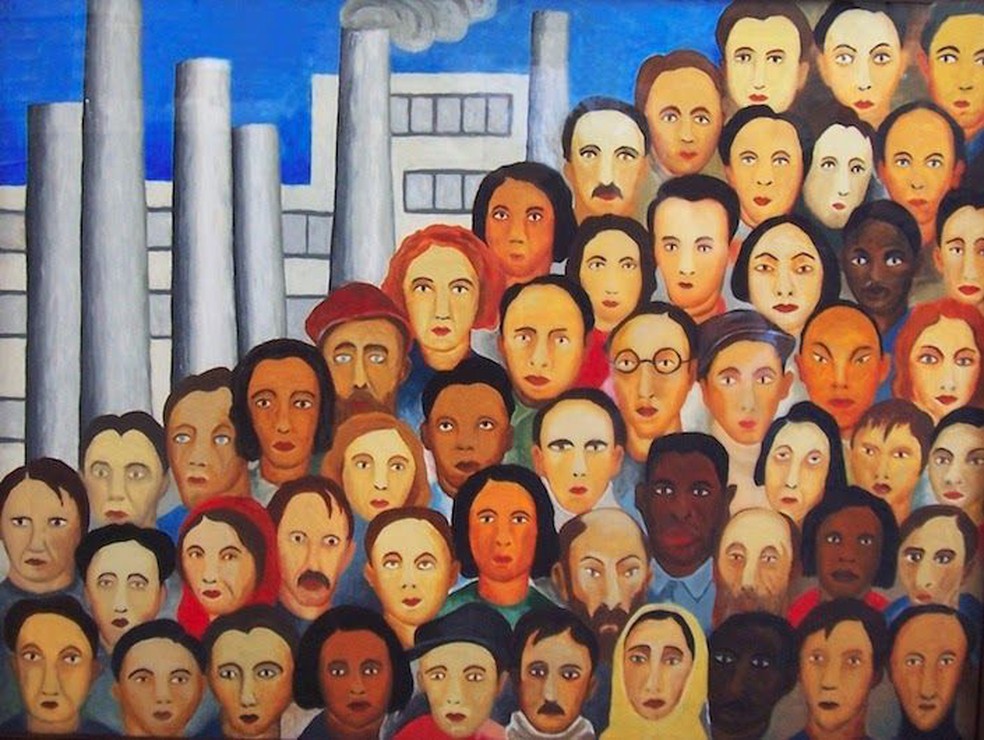 "Operários", quadro pintado em 1933 por Tarsila do Amaral. Uma referência à industrialização de São Paulo e à variedade étnica do trabalhador brasileiro — Foto: Reprodução