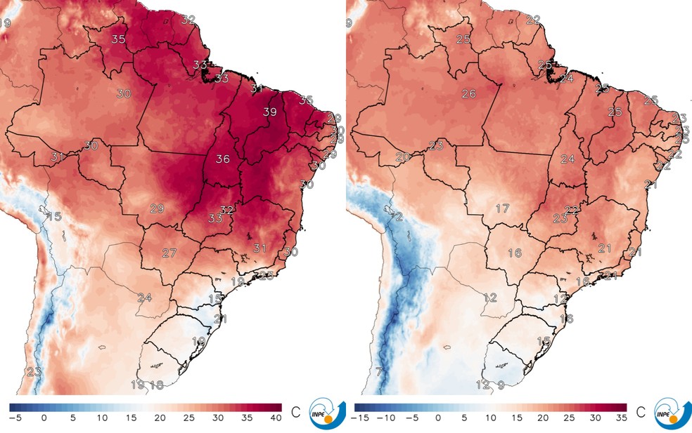 Mapas mostram as máximas e as mínimas esperadas para esta quinta em todo o Brasil — Foto: Reprodução