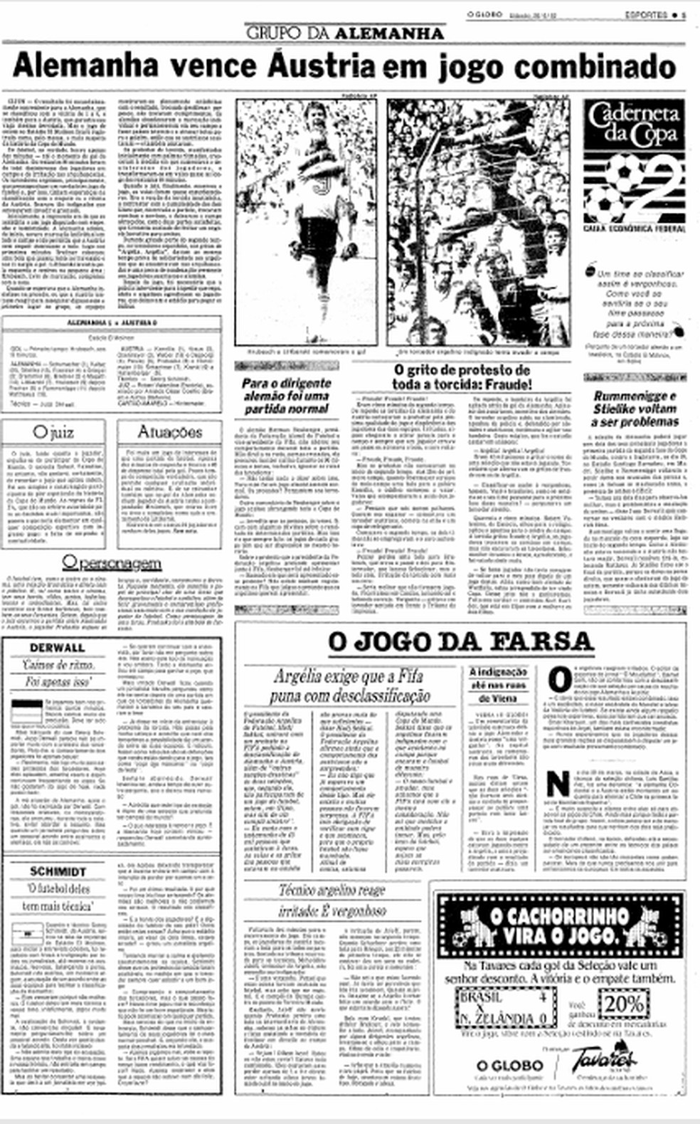 Edição do GLOBO de 26 de junho de 1982 critica jogo entre Alemanha Ocidental e Áustria, na Copa do Mundo — Foto: Acervo O GLOBO
